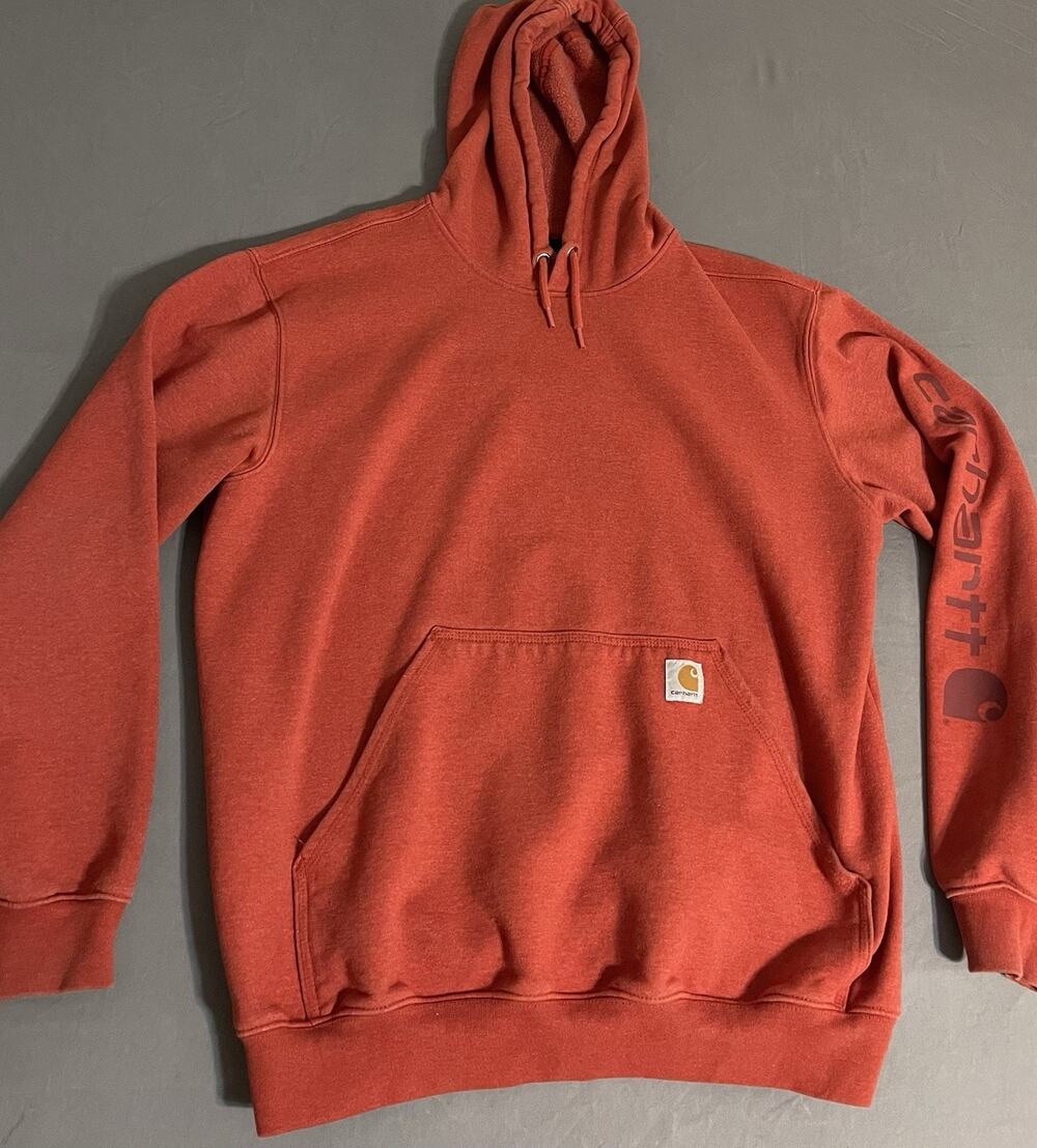 Carhartt Loose Fit Hoodie Red Orange Large Heavy Fleece Sleeve Logo